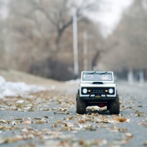 A detailed shot of a miniature toy car on a leaf-strewn road during autumn.